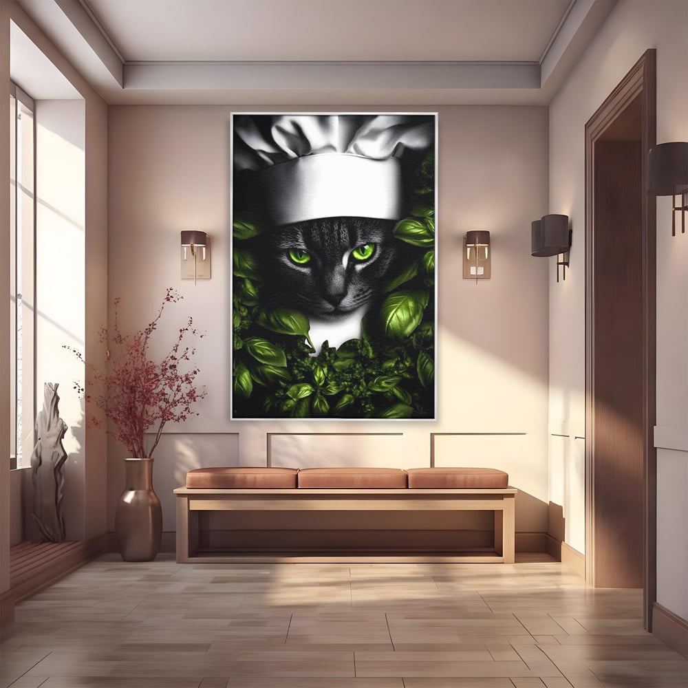 Tablou canvas cu tablou canvas cu pisica bucatar si frunze, in rama de aluminiu argintiu